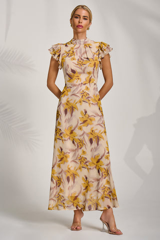 High Neck Ruffle Sleeve Chiffon Maxi Dress, Yellow Floral