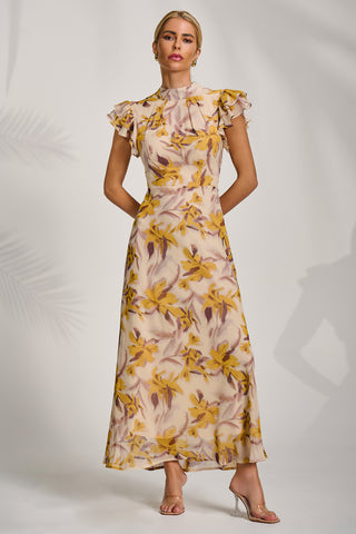 High Neck Ruffle Sleeve Chiffon Maxi Dress, Yellow Floral