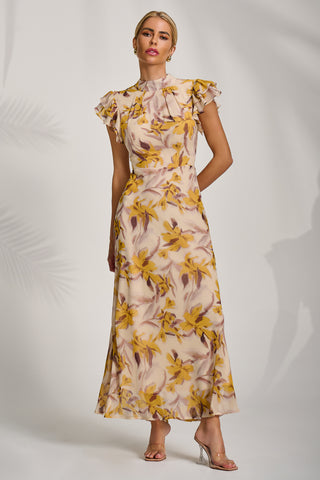 High Neck Ruffle Sleeve Chiffon Maxi Dress, Yellow Floral