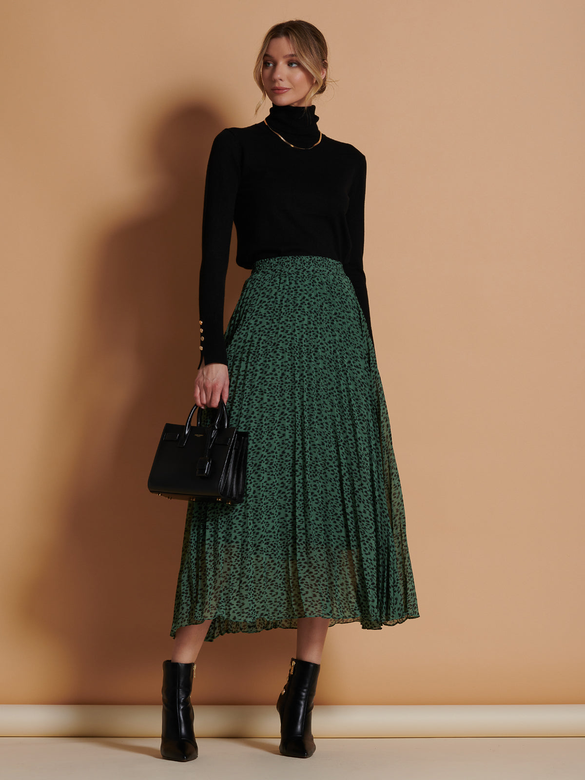 Saige Chiffon Pleated Maxi Skirt Green Animal