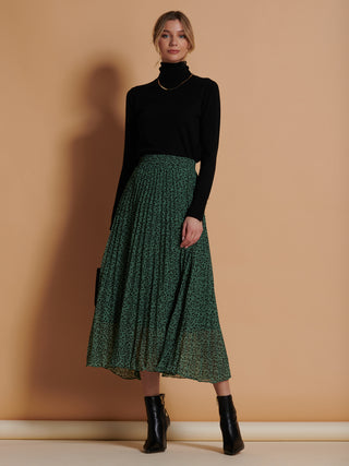 Saige Chiffon Pleated Maxi Skirt, Green Animal