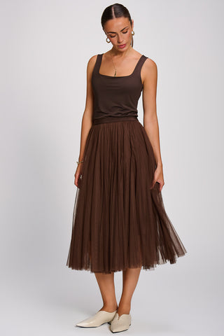 Tulle Godet Midi Skirt, Brown