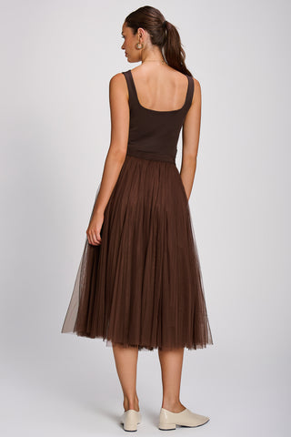 Tulle Godet Midi Skirt, Brown