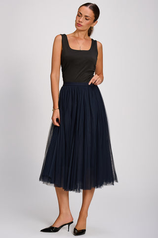 Tulle Godet Midi Skirt, Navy
