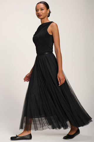 Tulle Godet Maxi Skirt, Black