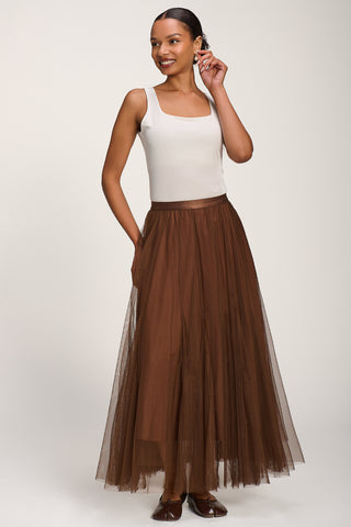 Tulle Godet Maxi Skirt, Brown