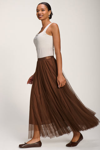 Tulle Godet Maxi Skirt, Brown