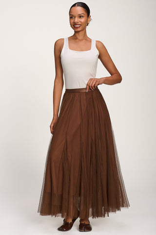 Tulle Godet Maxi Skirt, Brown