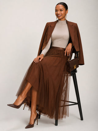Tulle Godet Maxi Skirt, Brown