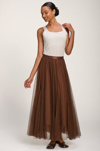 Tulle Godet Maxi Skirt, Brown