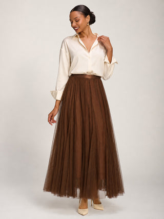 Tulle Godet Maxi Skirt, Brown