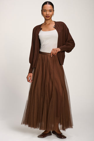 Tulle Godet Maxi Skirt, Brown