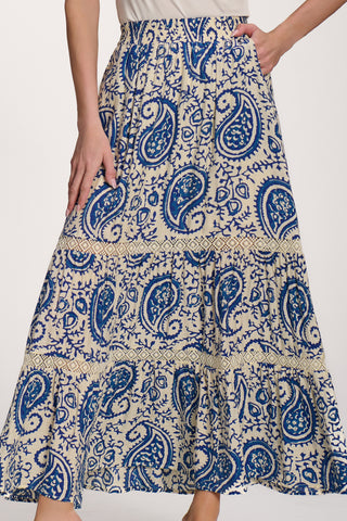 Lace Trim Tiered Maxi Skirt, Blue Paisley