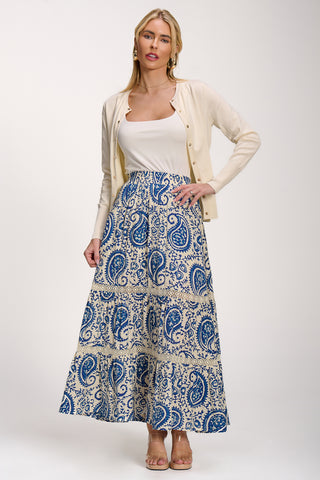 Lace Trim Tiered Maxi Skirt, Blue Paisley