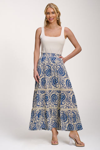 Lace Trim Tiered Maxi Skirt, Blue Paisley