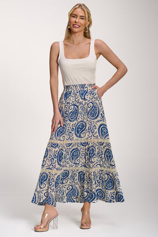 Lace Trim Tiered Maxi Skirt, Blue Paisley