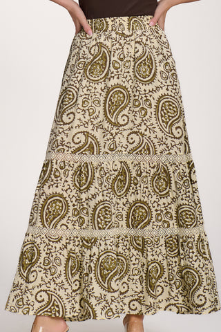 Lace Trim Tiered Maxi Skirt, Khaki Paisley
