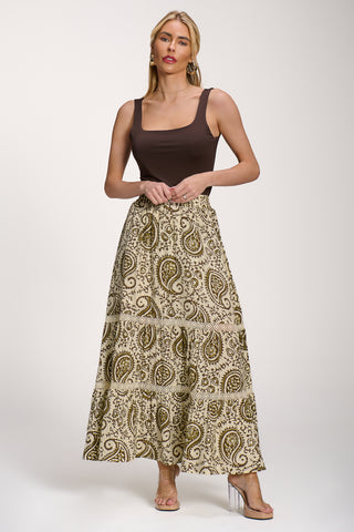 Lace Trim Tiered Maxi Skirt, Khaki Paisley