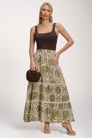Lace Trim Tiered Maxi Skirt, Khaki Paisley