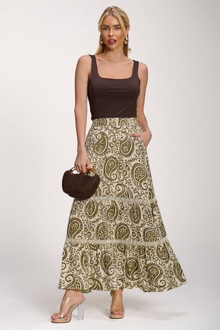 Lace Trim Tiered Maxi Skirt, Khaki Paisley