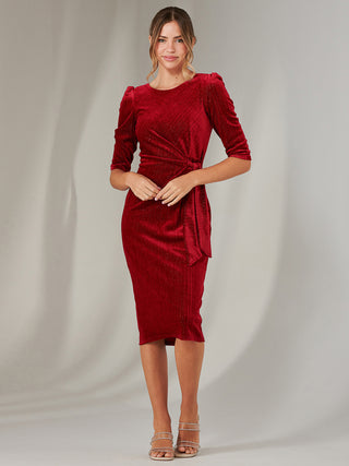 Metallic Thread Velvet Midi Dress, Burgundy