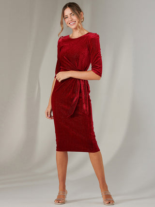 Metallic Thread Velvet Midi Dress, Burgundy