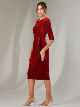 Metallic Thread Velvet Midi Dress, Burgundy