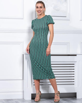Sample Sale - Bodycon Midi Dress, Green Geo