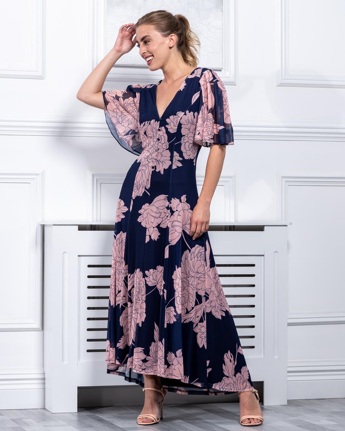 Navy floral maxi outlet dress with sleeves