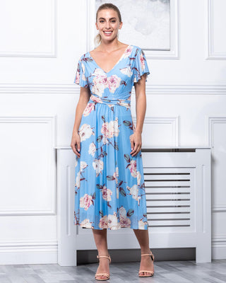 Sample Sale - V-Neck Floral Midi Dress, Blue Floral