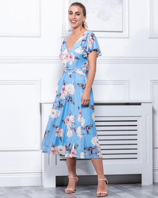 Sample Sale - V-Neck Floral Midi Dress, Blue Floral