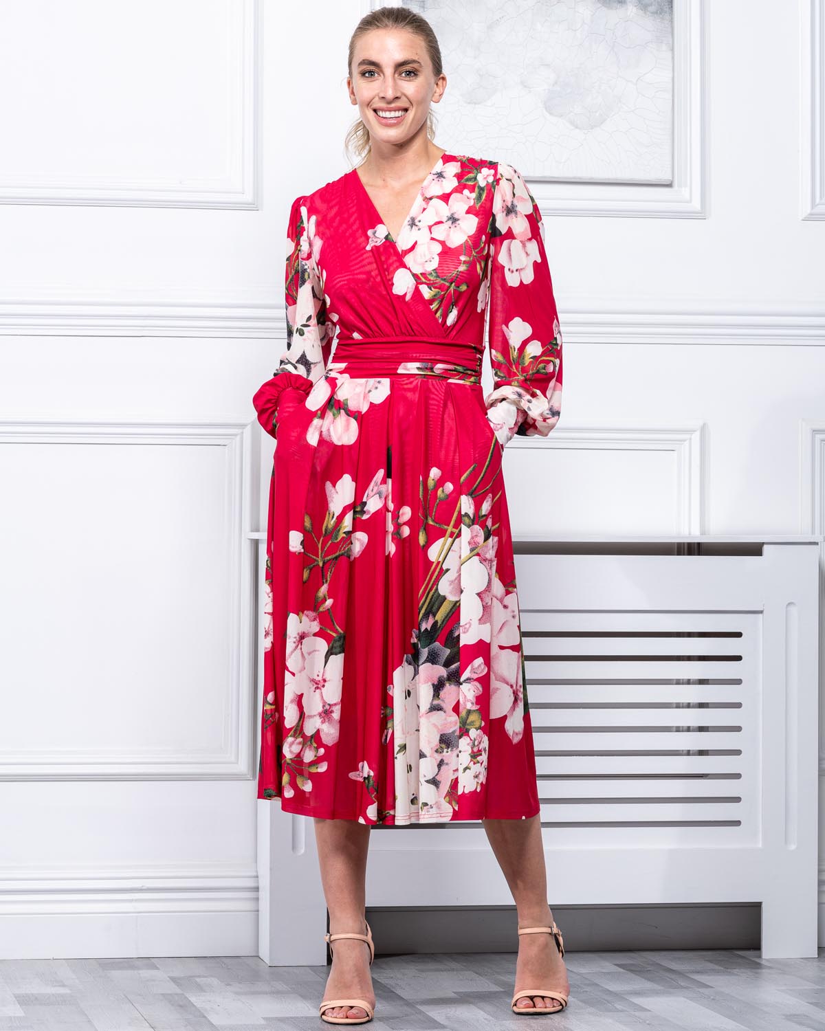 Red floral long sleeve wrap sale dress