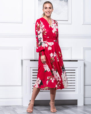 Sample Sale - Long Sleeve Wrap Midi Dres, Red Floral