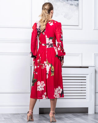Sample Sale - Long Sleeve Wrap Midi Dres, Red Floral