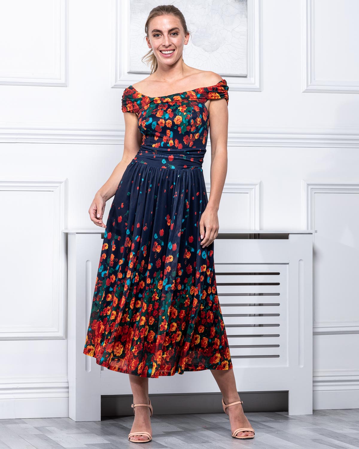 Navy off the shoulder best sale midi dress