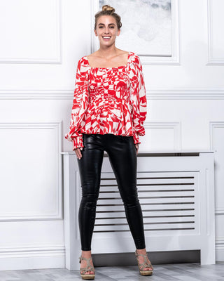 Sample Sale - Square Neck Blouse, Red Abstract