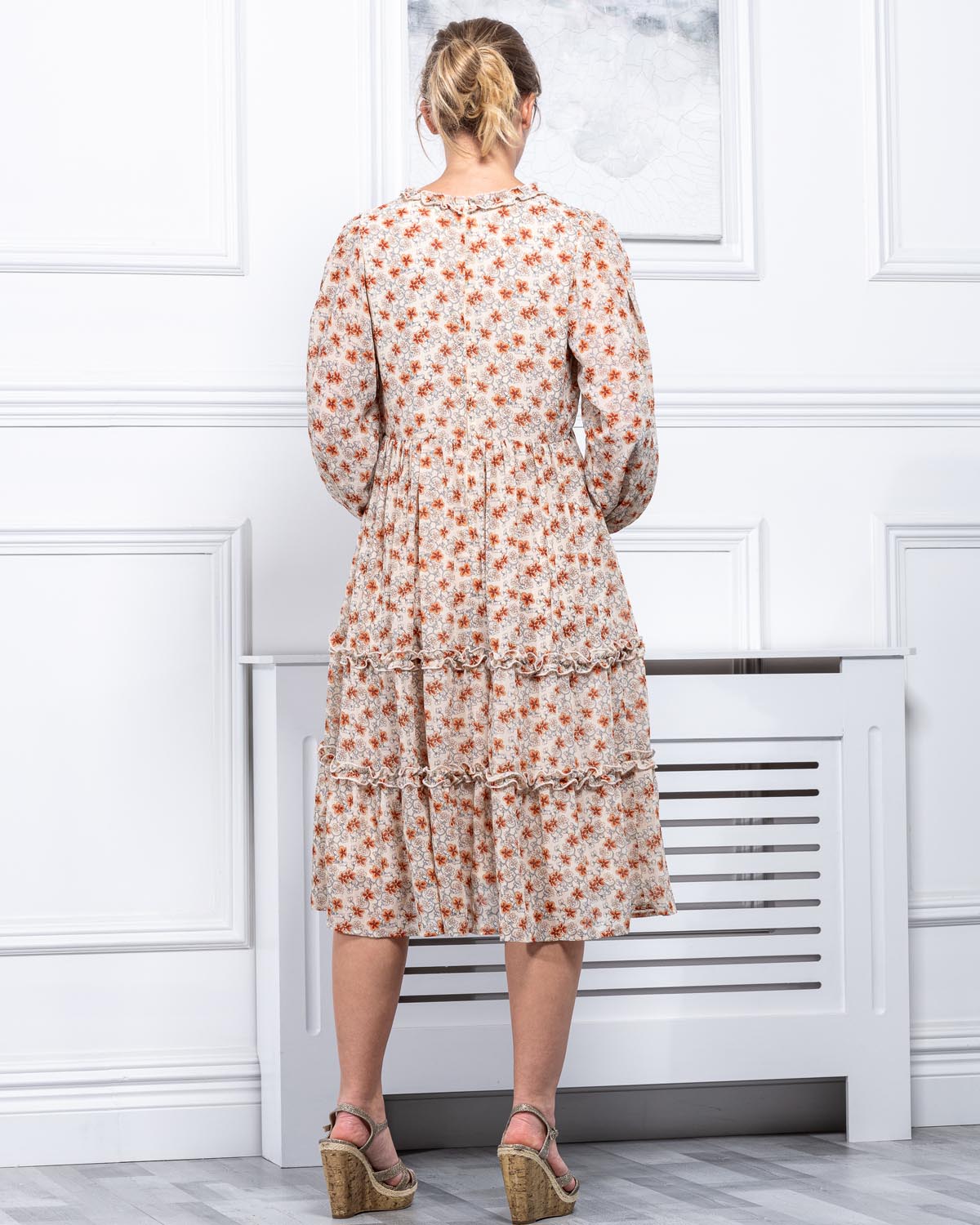 Sample Sale Long Sleeve Tiered Dress Beige Floral