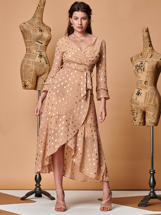 Sample Sale - Front Wrap Midi Dress, Gold