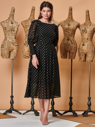 Sample Sale - Long Sleeve Midi Dress, Black Spot
