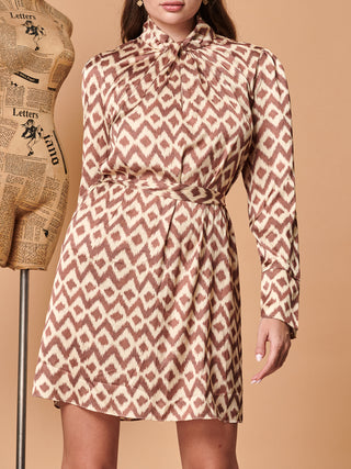 Sample Sale - High Neck Belted Mini Dress, Brown Pattern