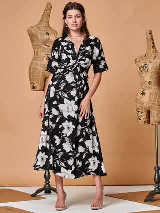 Sample Sale - Twist Front Floral Midi Dress, Black Floral