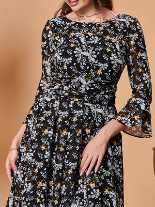Sample Sale 3/4 Sleeve Floral Midi Dress, Black Floral
