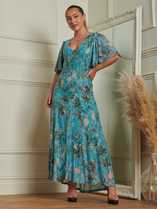 Sample Sale - Mesh Maxi Dress, Turquoise Floral