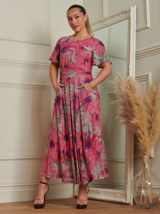 Sample Sale - Mesh Pleated Midi Dress, Pink Floral