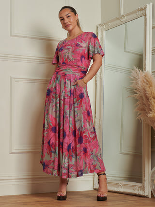 Sample Sale - Mesh Pleated Midi Dress, Pink Floral