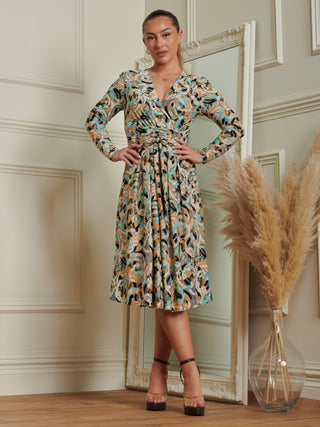 Sample Sale - Long Sleeve Wrap Midi Dress, Abstract Multi