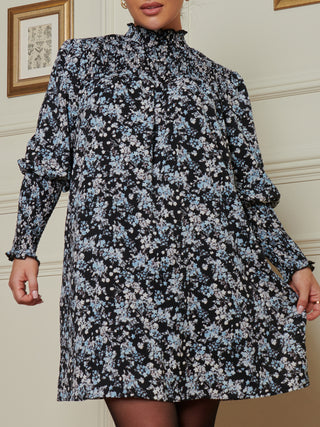 Sample Sale - Gathered Sleeve Mini Dress, Navy Floral