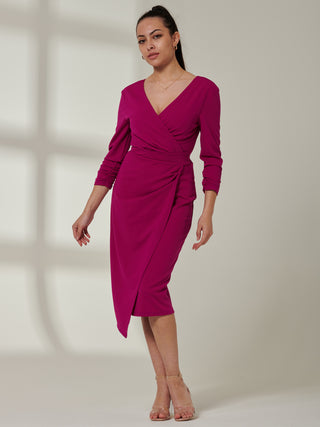 Sample Sale - Ruched Sleeve Plain Midi Dress, Purple