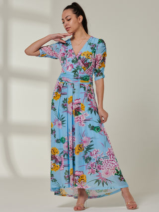 Sample Sale - Ruched Sleeve Floral Print Dress, Blue Multi