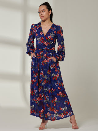 Sample Sale - Lace Floral Print Maxi Dress, Blue Floral
